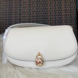 Michael Kors Mila Medium Leather Messenger Bag in Light Cream
